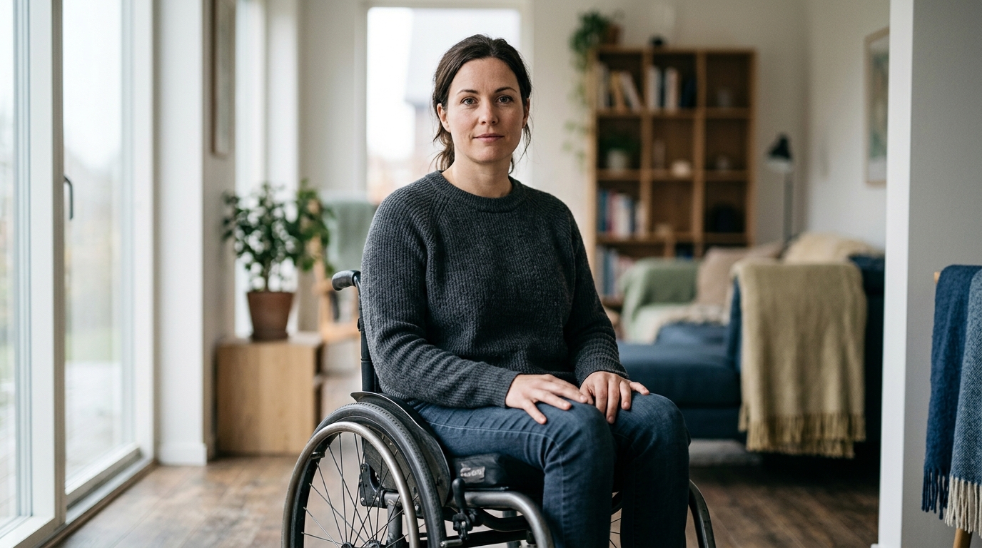 Person using a wheelchair looking forward with quiet resolve after a catastrophic spinal injury.