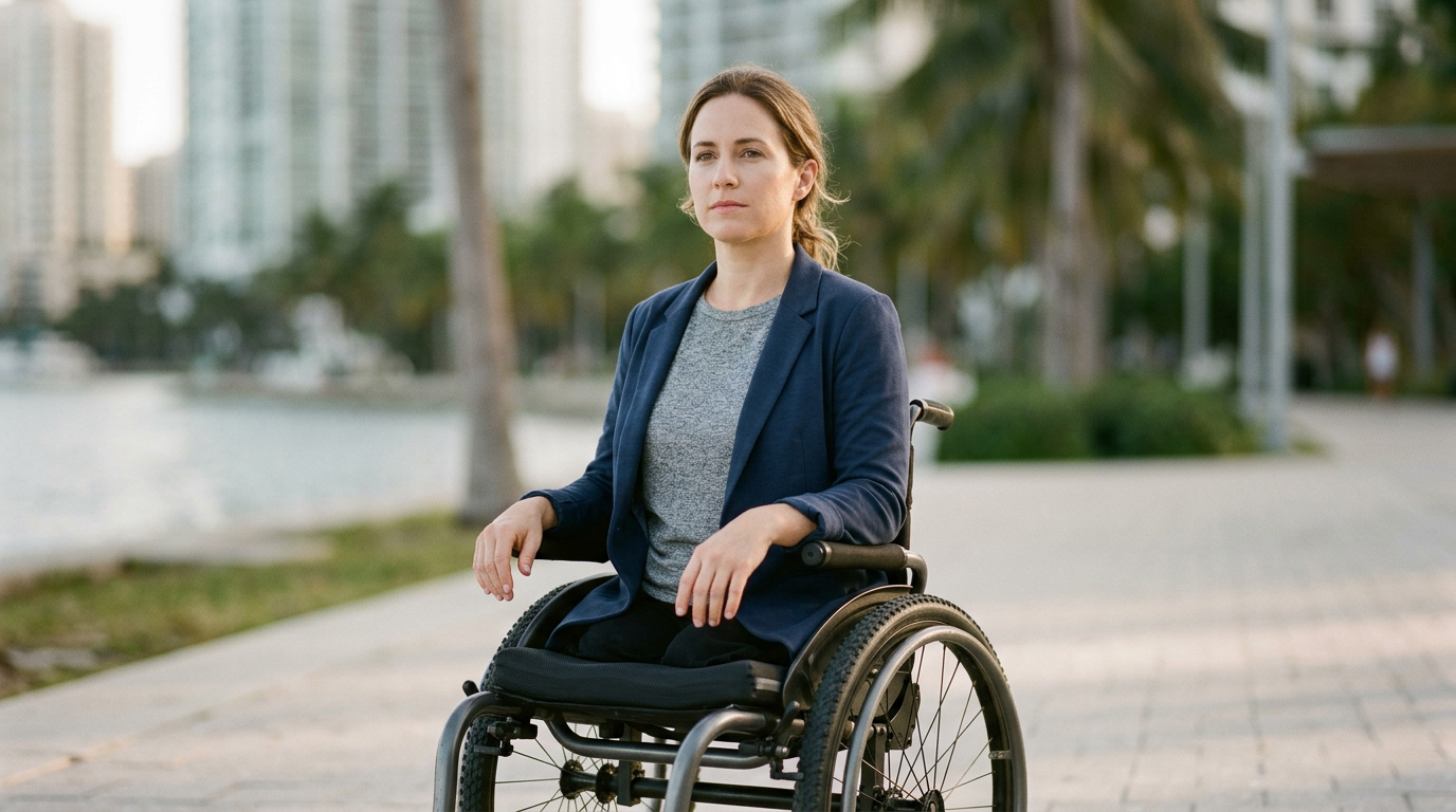 Person using a wheelchair looking forward with quiet resolve after a catastrophic spinal cord injury.