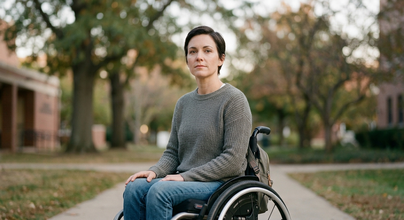 Person using a wheelchair looking forward with quiet resolve after a catastrophic spinal injury.