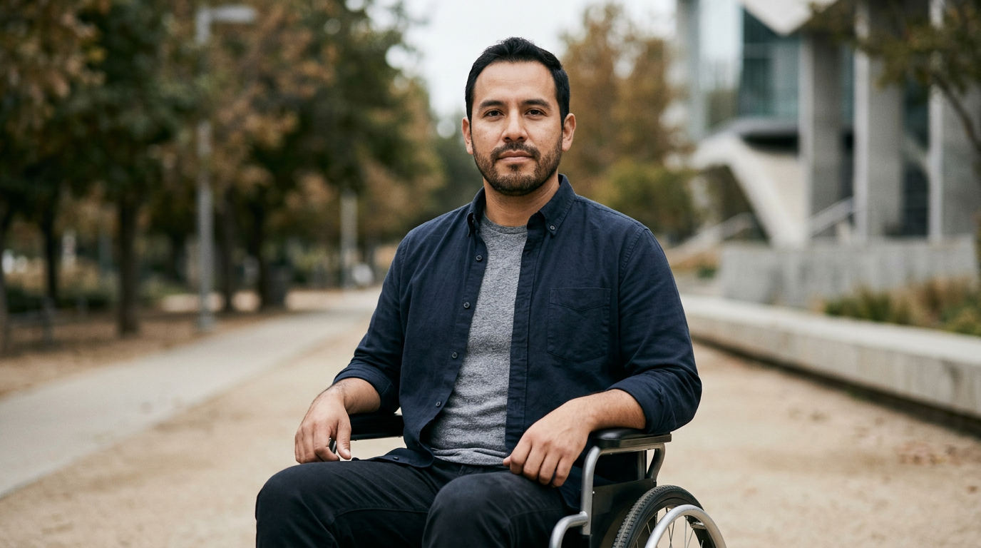 Person using a wheelchair looking forward with quiet resolve after a catastrophic spinal injury.