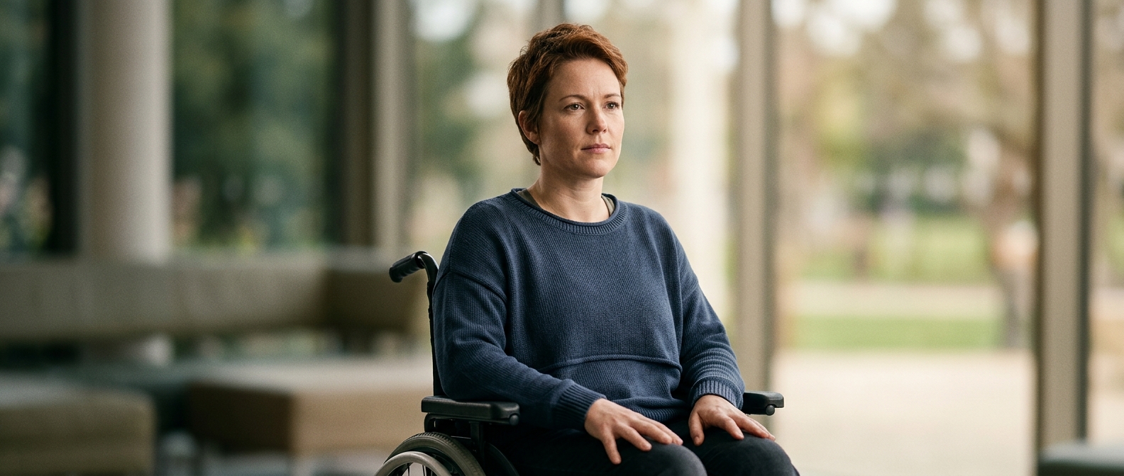 Person using a wheelchair looking forward with quiet resolve after spinal injury.