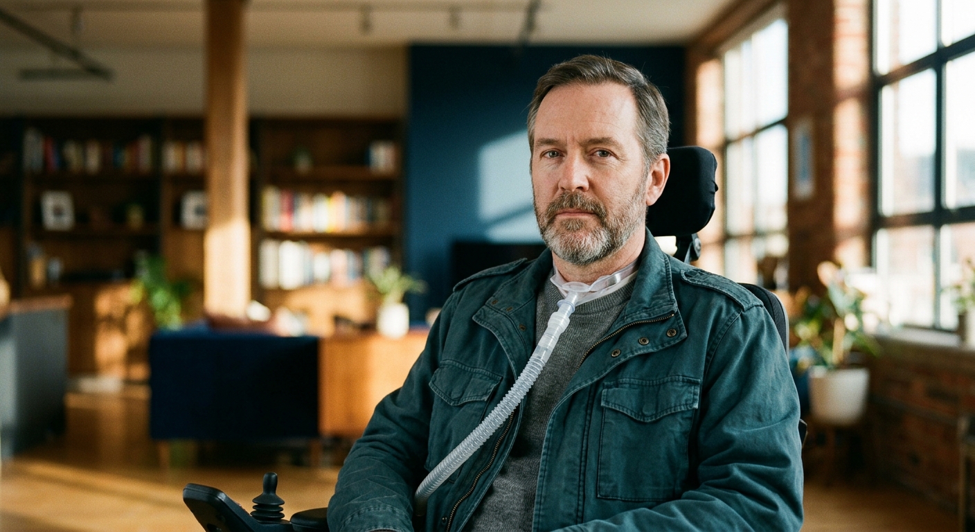 Person using a wheelchair looking forward with quiet resolve after a catastrophic injury.