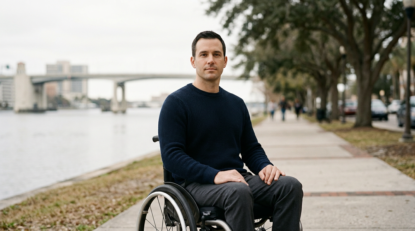 Person using a wheelchair looking forward with quiet resolve after a catastrophic spinal injury.