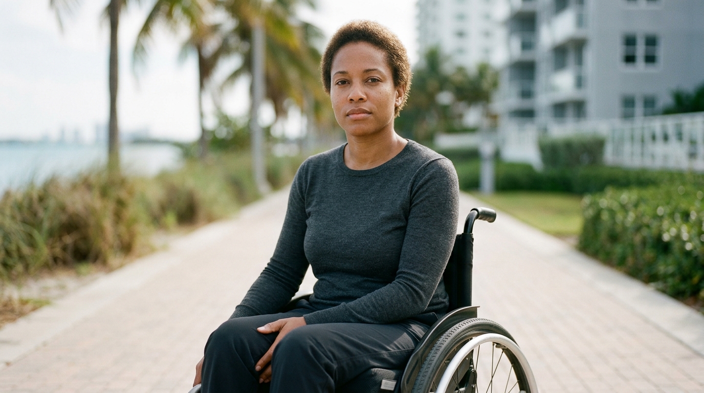 a person who uses a wheelchair looking forward with quiet resolve, catastrophic spinal injury