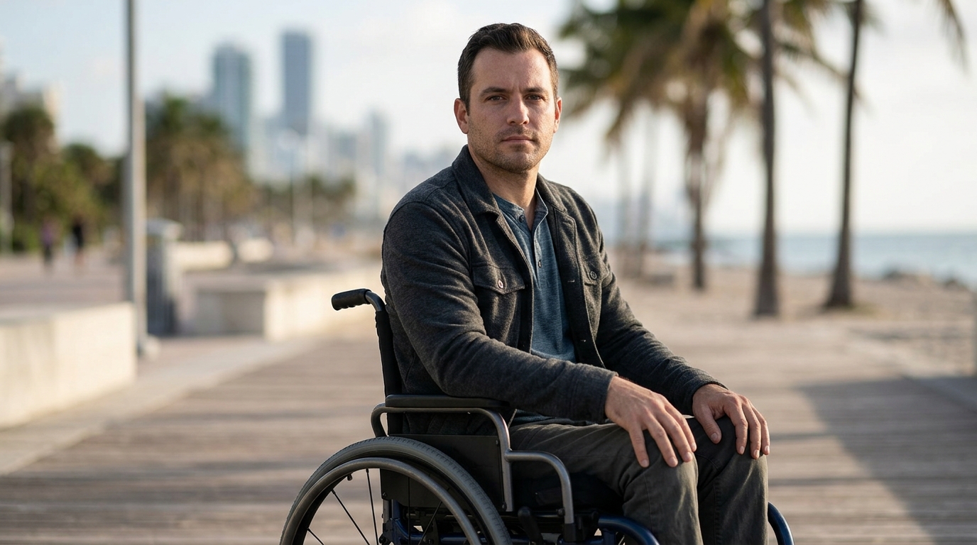 a person who uses a wheelchair looking forward with quiet resolve, catastrophic spinal injury