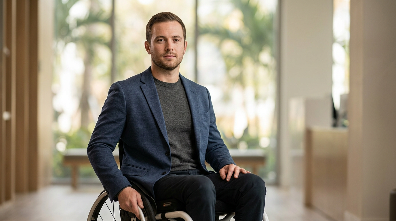 Person using a wheelchair looking forward with quiet resolve after a catastrophic spinal injury.