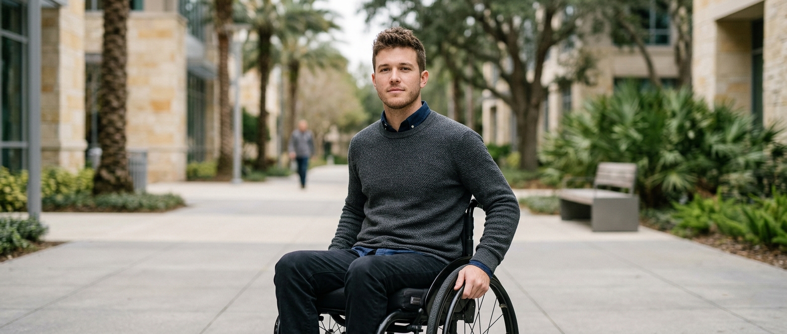 a person who uses a wheelchair looking forward with quiet resolve, catastrophic spinal injury