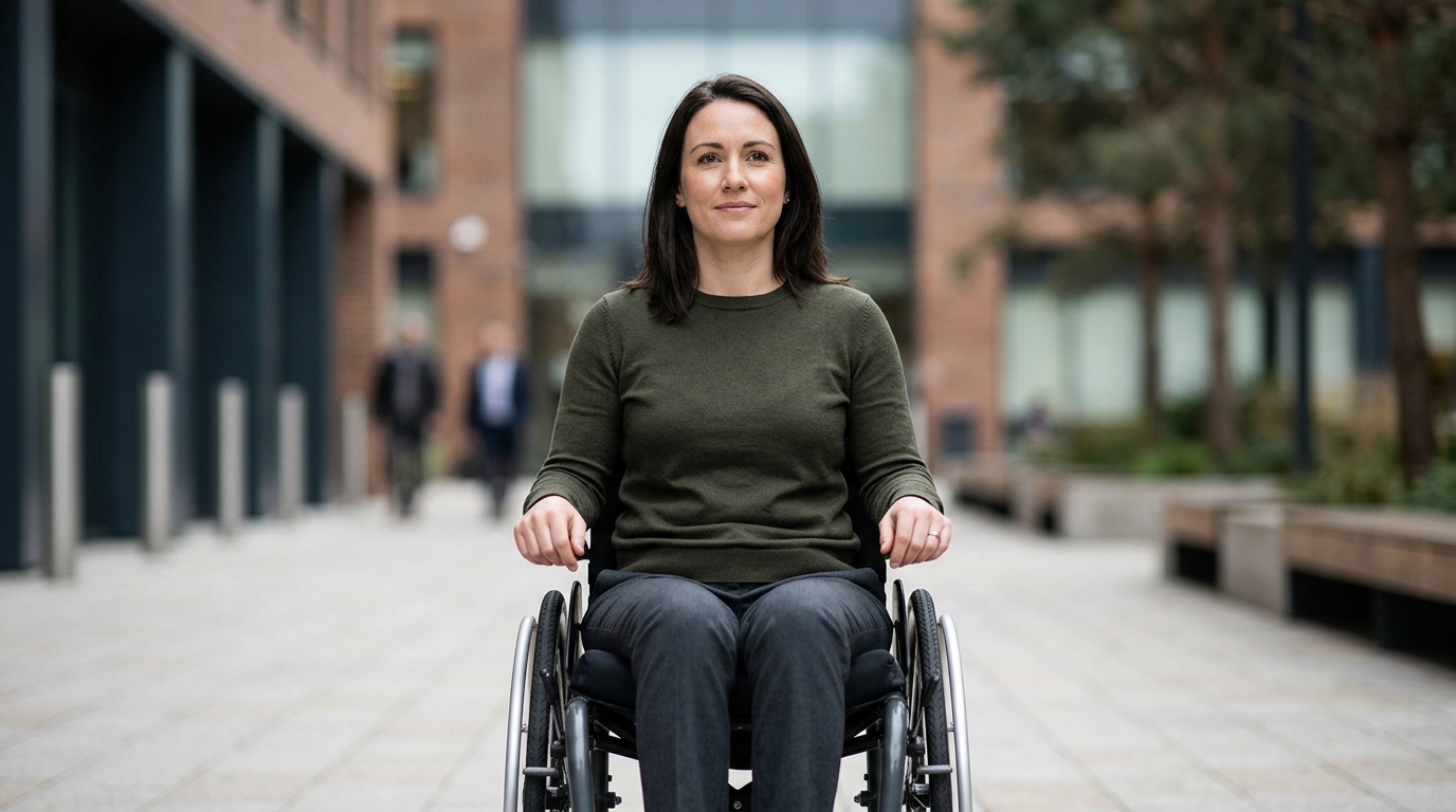 a person who uses a wheelchair looking forward with quiet resolve, catastrophic spinal injury