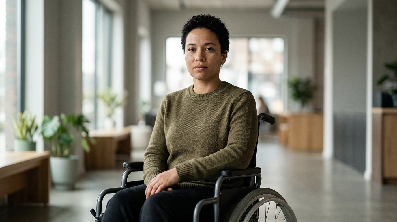 a person who uses a wheelchair looking forward with quiet resolve, catastrophic spinal injury