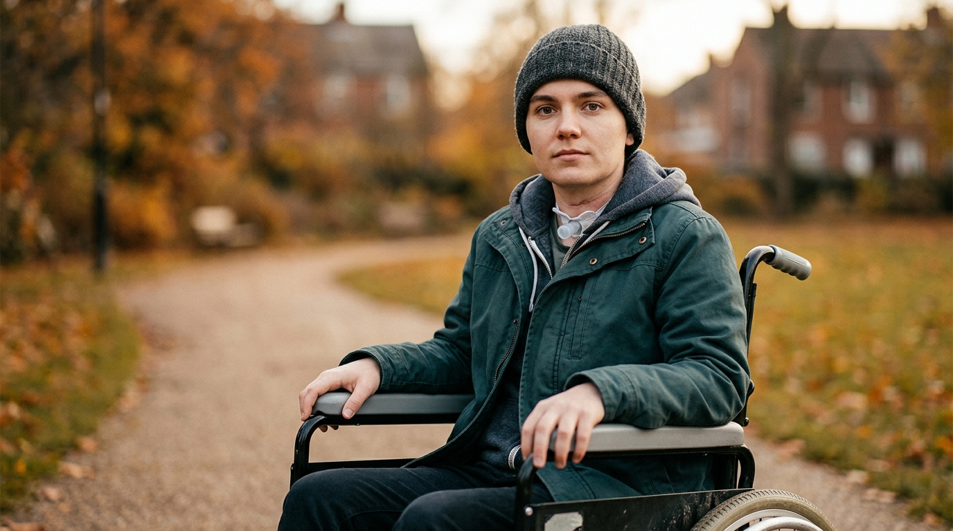 a person who uses a wheelchair looking forward with quiet resolve, catastrophic spinal injury