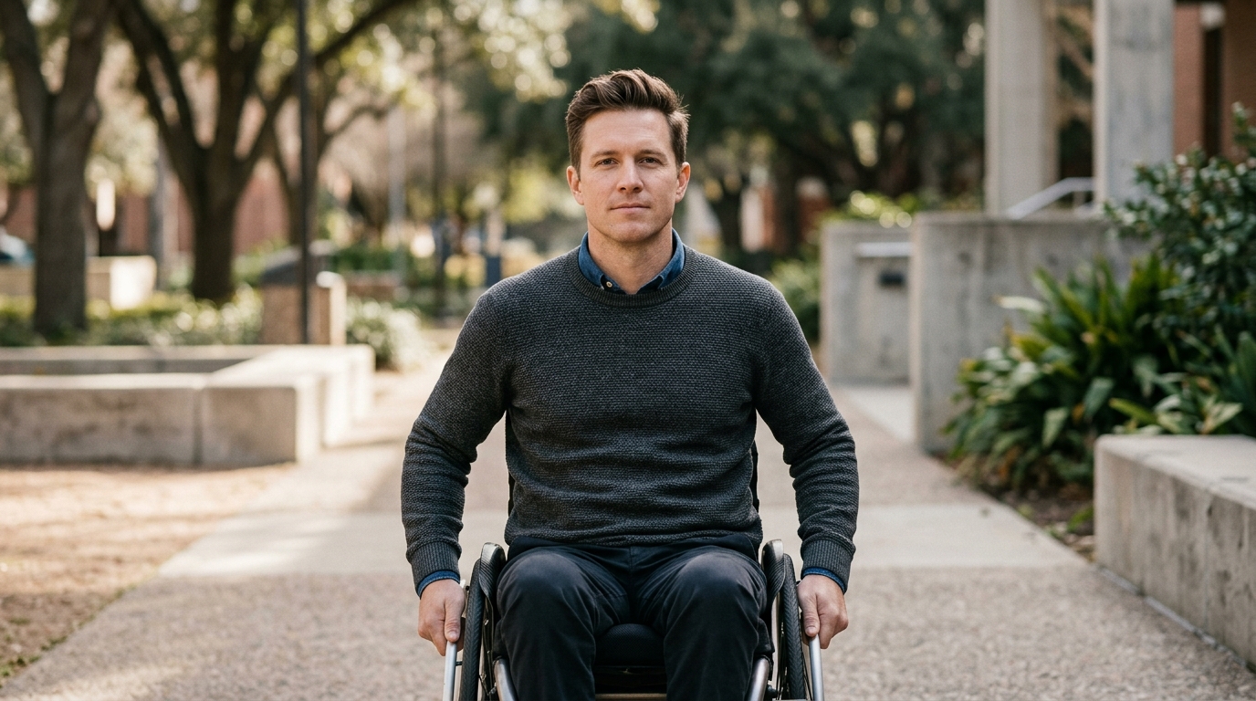 a person who uses a wheelchair looking forward with quiet resolve, catastrophic spinal injury