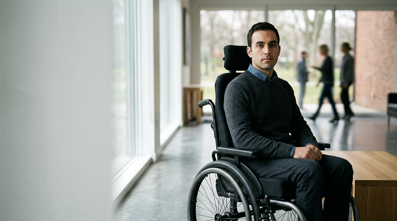 Person using a wheelchair looking forward with quiet resolve after a catastrophic spinal injury.