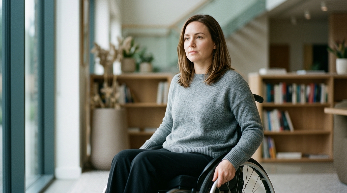 a person who uses a wheelchair looking forward with quiet resolve, catastrophic spinal injury