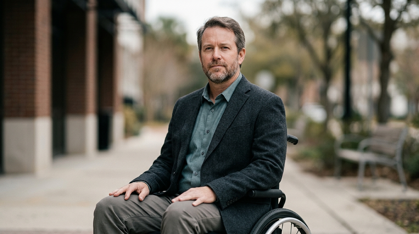 Person using a wheelchair looking forward with quiet resolve after a catastrophic spinal injury.