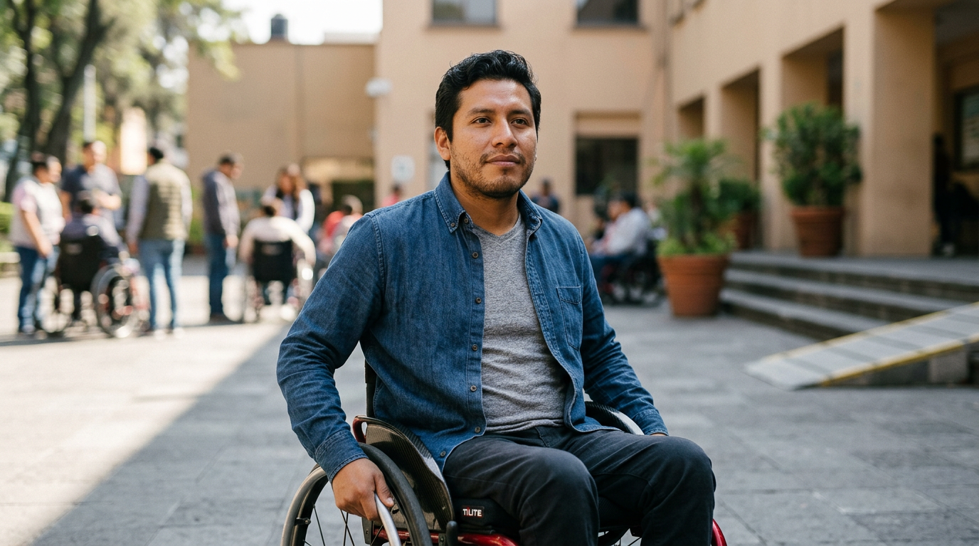 Person using a wheelchair looking forward with quiet resolve after a catastrophic spinal injury.