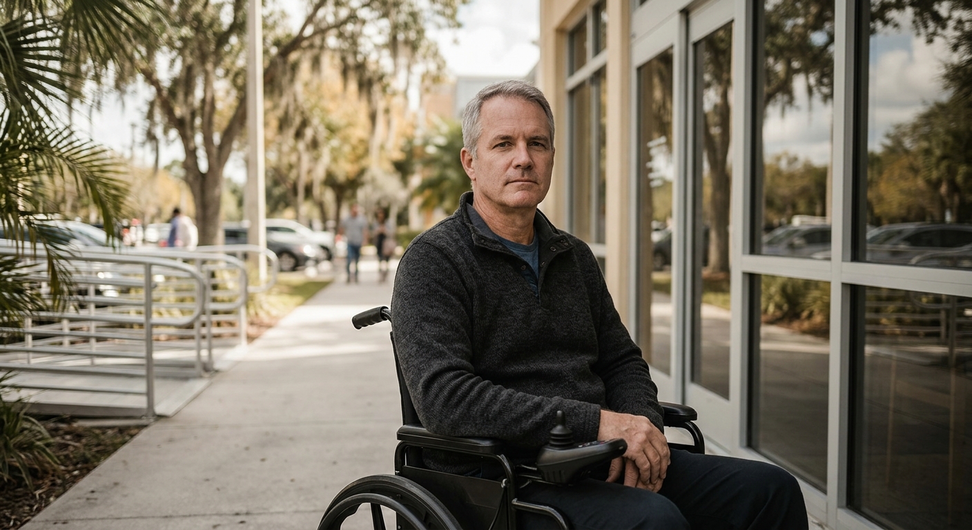 Person using a wheelchair looking forward with quiet resolve after a catastrophic spinal injury.