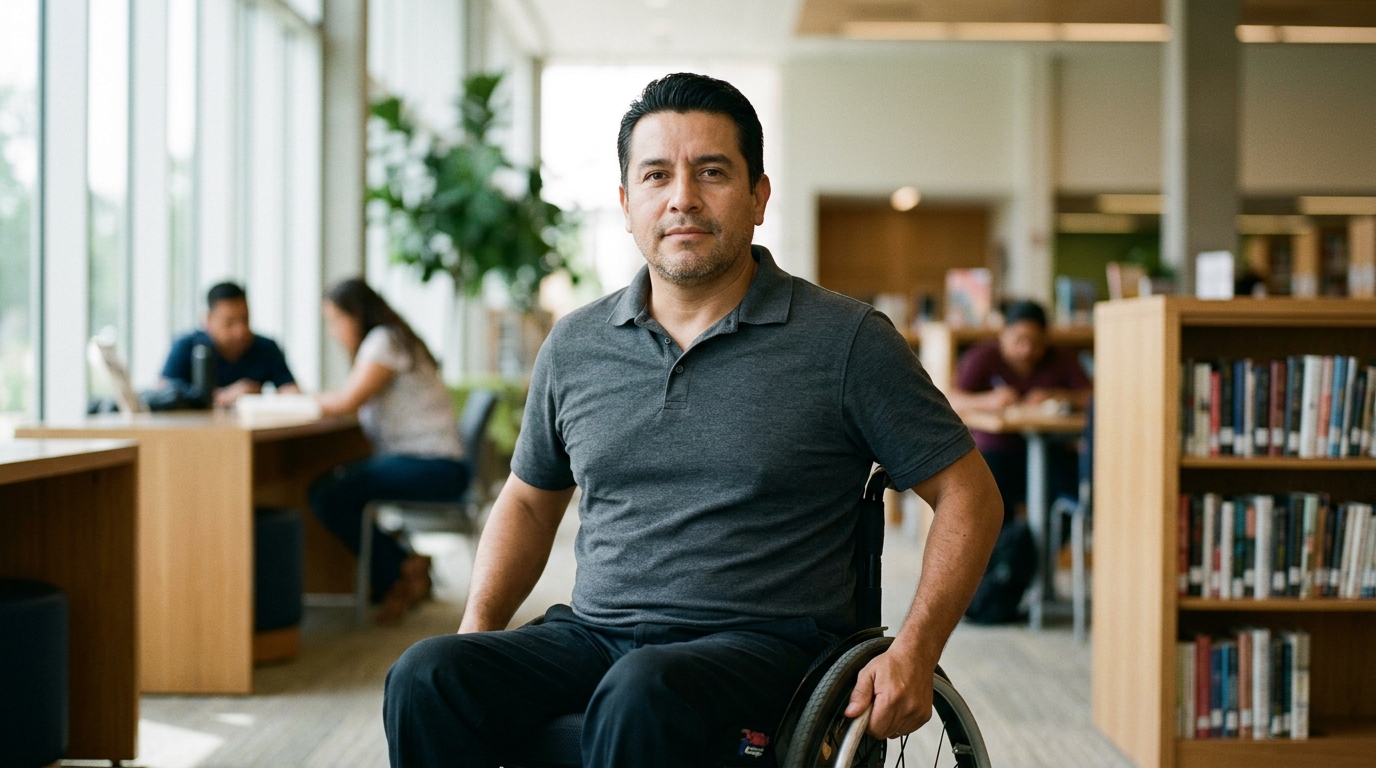 Person using a wheelchair looking forward with quiet resolve after a catastrophic spinal injury.