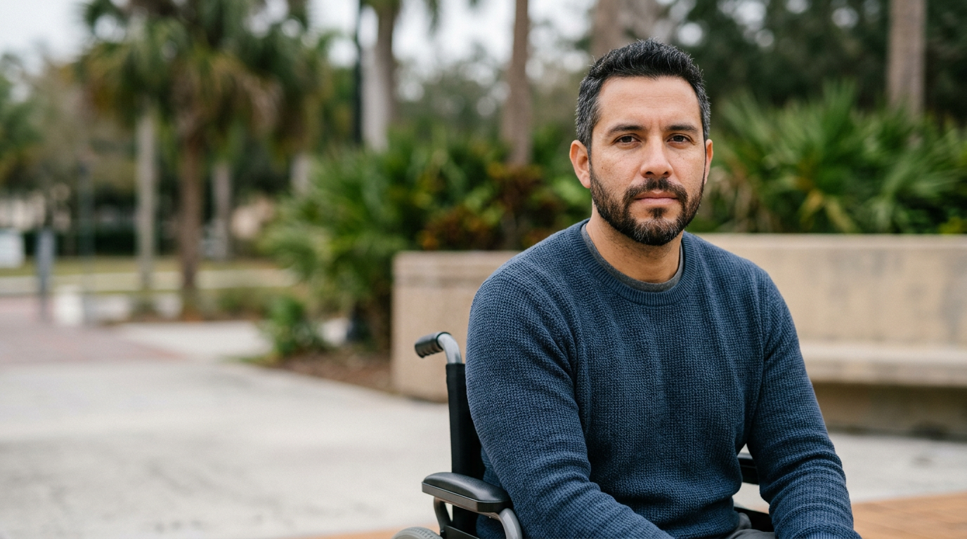 a person who uses a wheelchair looking forward with quiet resolve, catastrophic spinal injury