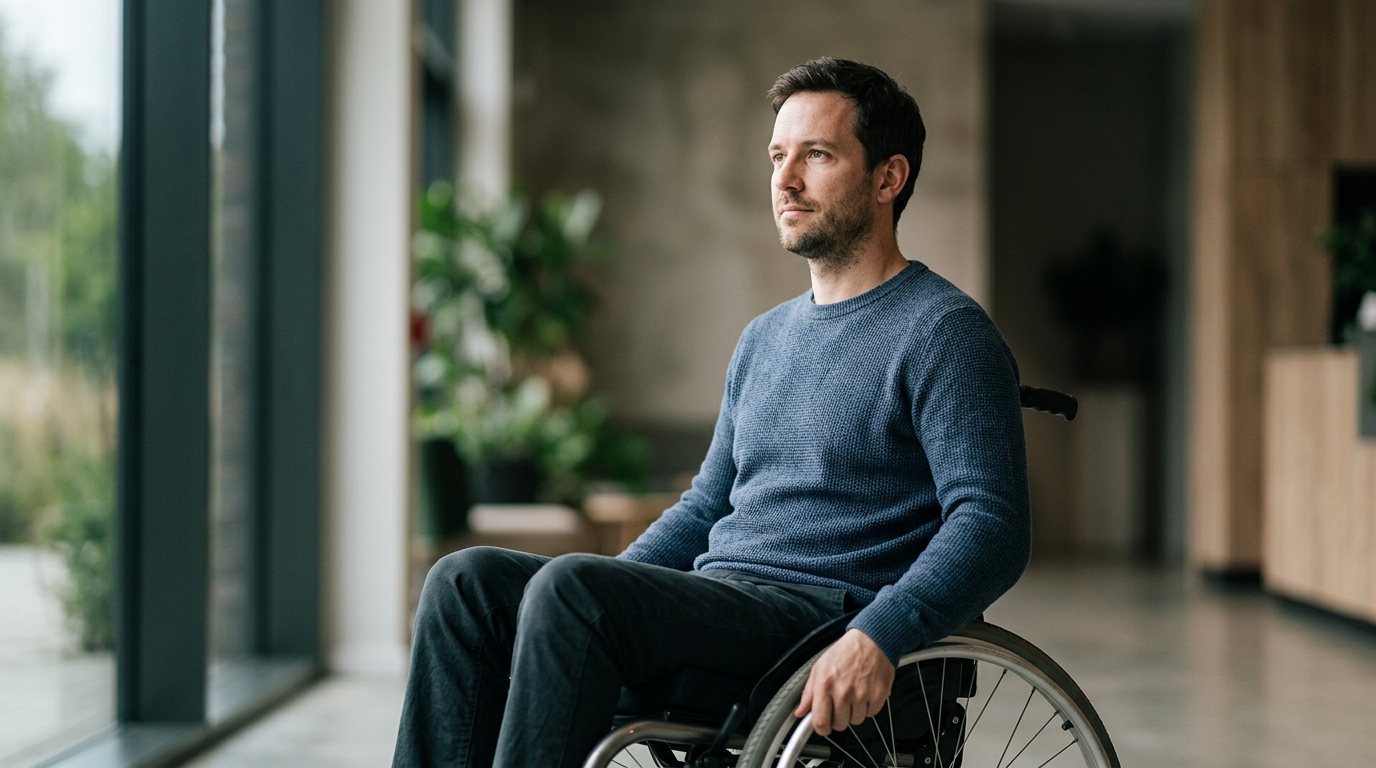 Person using a wheelchair looking forward with quiet resolve after a catastrophic spinal injury.