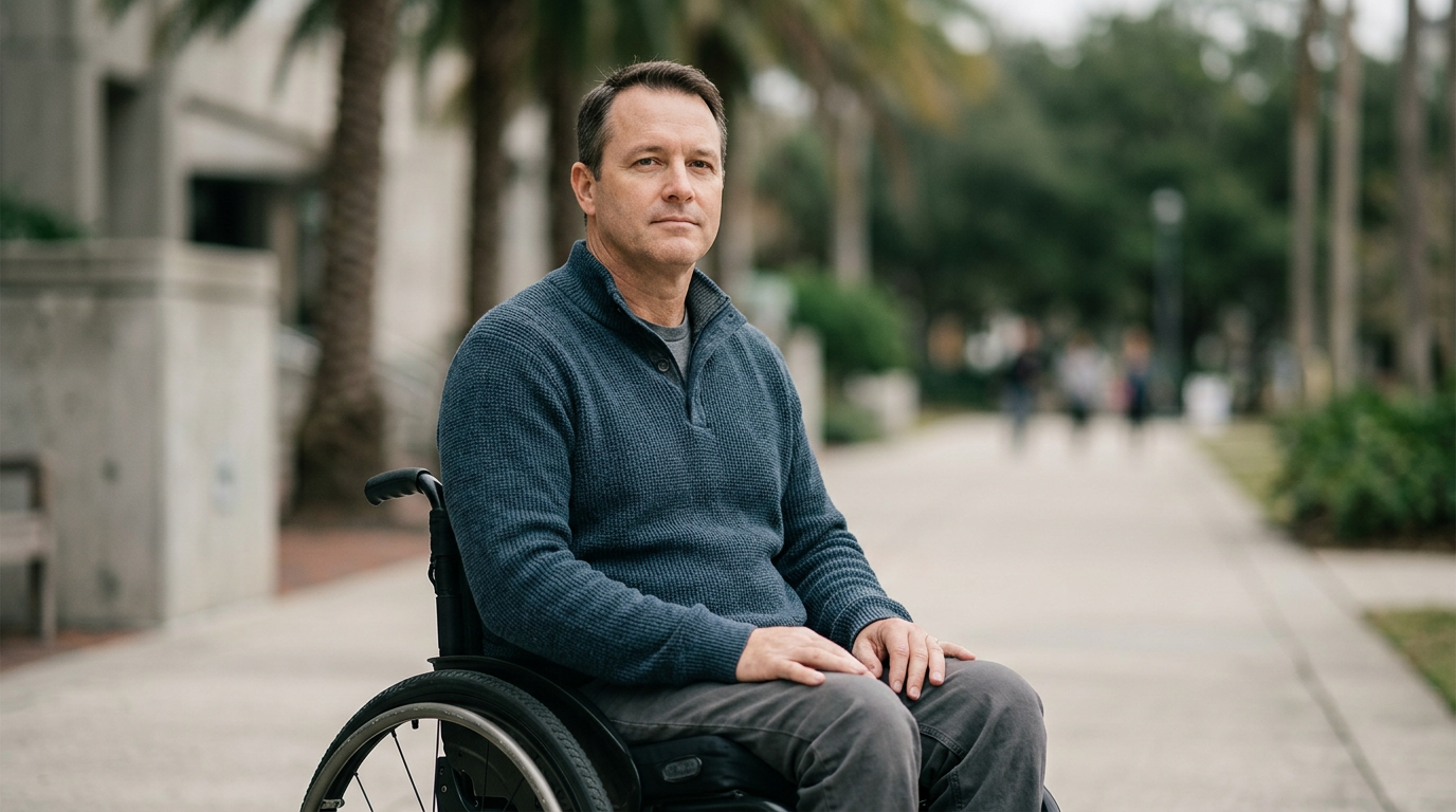 a person who uses a wheelchair looking forward with quiet resolve, catastrophic spinal injury