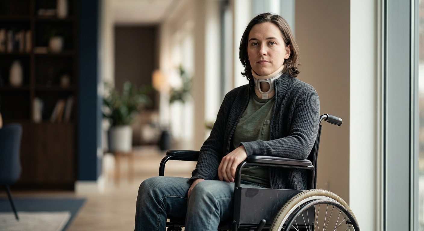Person using a wheelchair looking forward with quiet resolve after a catastrophic spinal injury.