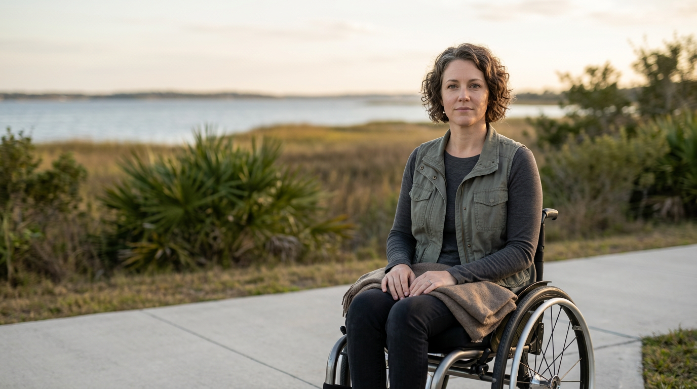 a person who uses a wheelchair looking forward with quiet resolve, catastrophic spinal injury