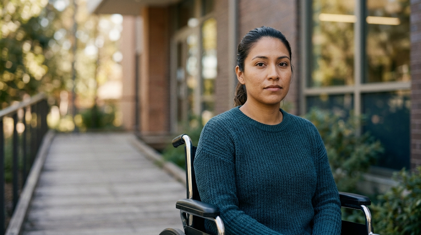 Person using a wheelchair looking forward with quiet resolve after a catastrophic spinal injury.