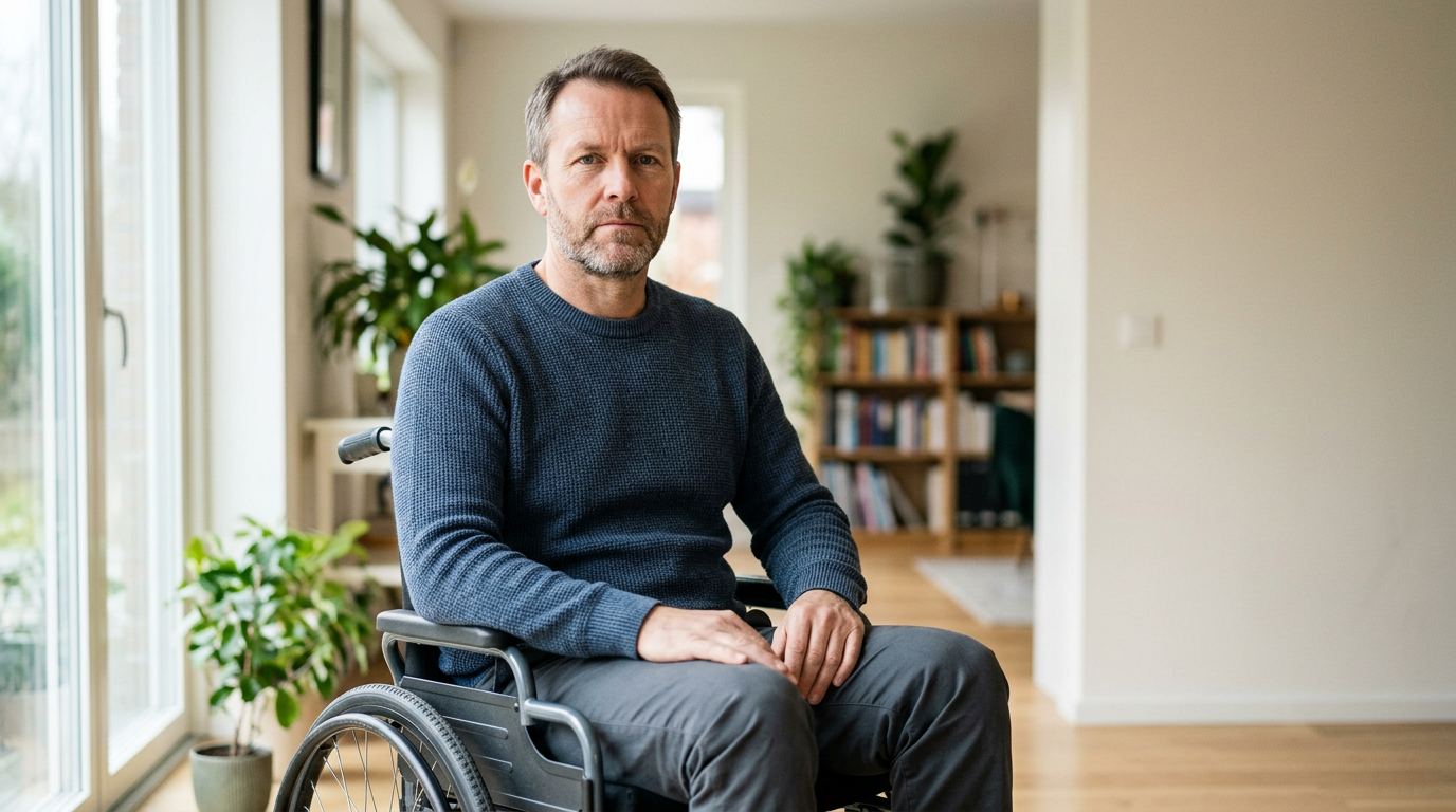 a person who uses a wheelchair looking forward with quiet resolve, catastrophic spinal injury