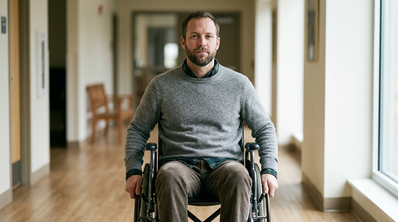 Person using a wheelchair looking forward with quiet resolve after a spinal injury.