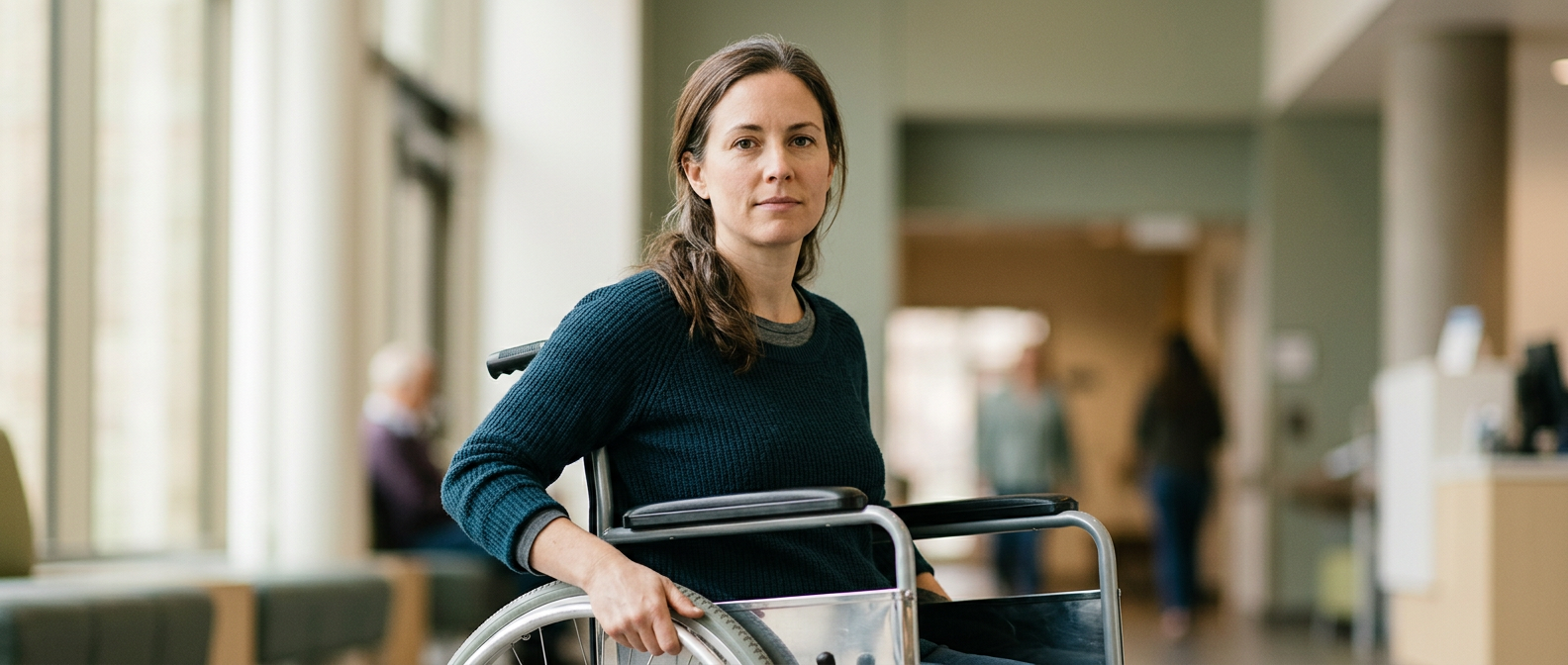 a person who uses a wheelchair looking forward with quiet resolve, catastrophic spinal injury