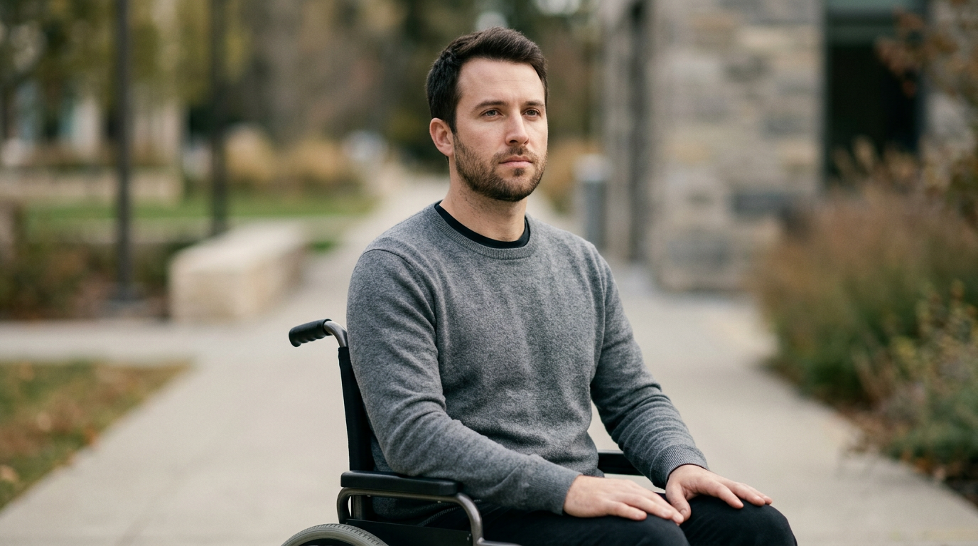 a person who uses a wheelchair looking forward with quiet resolve, catastrophic spinal injury
