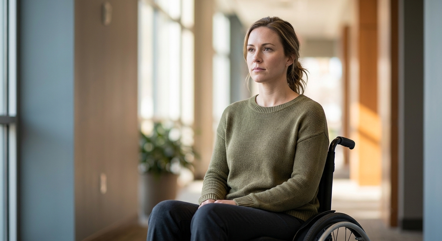 Person using a wheelchair looking forward with quiet resolve after a catastrophic spinal injury.