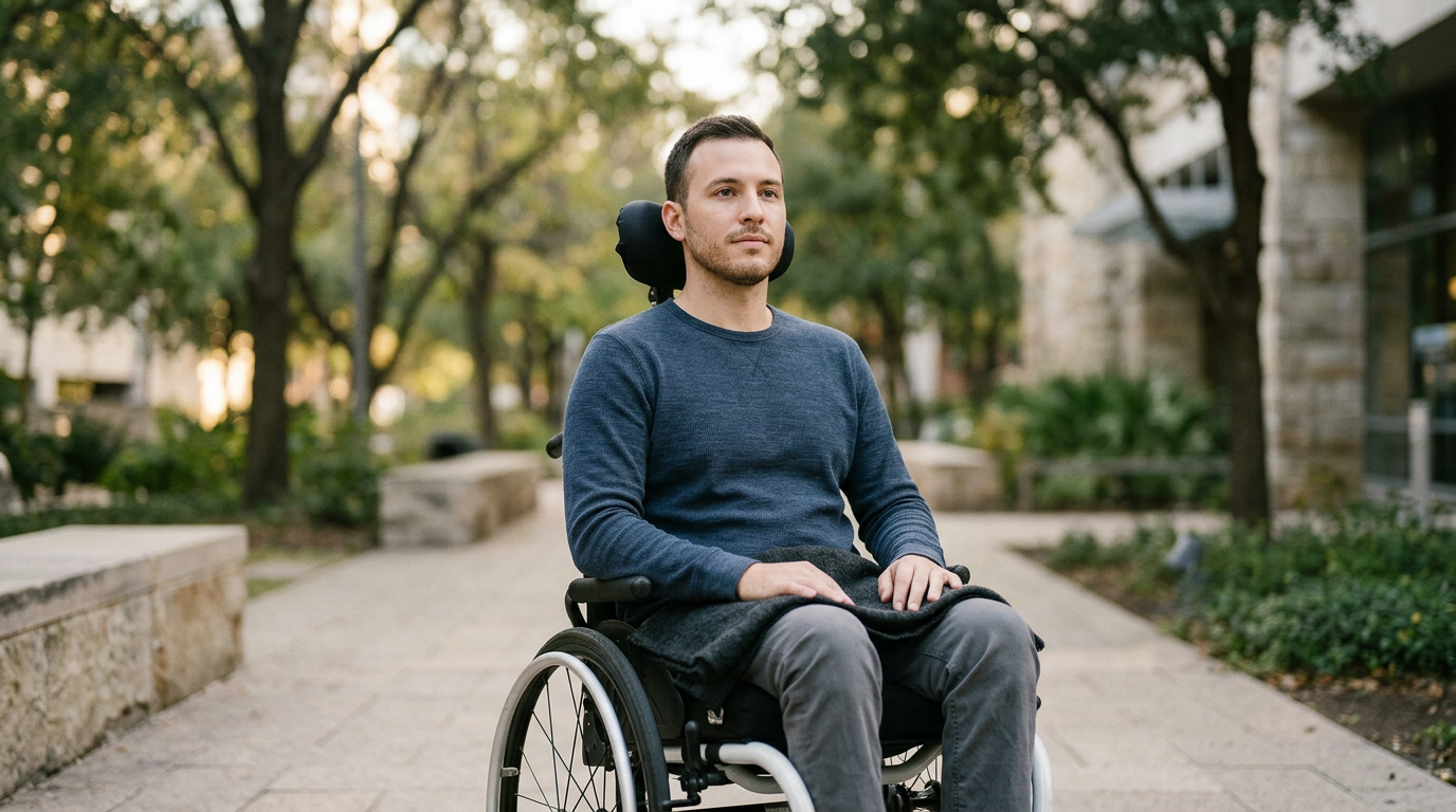 a person who uses a wheelchair looking forward with quiet resolve, catastrophic spinal injury