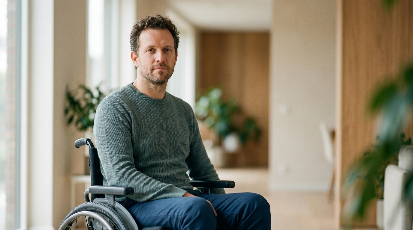 Person using a wheelchair looking forward with quiet resolve after a catastrophic spinal injury.