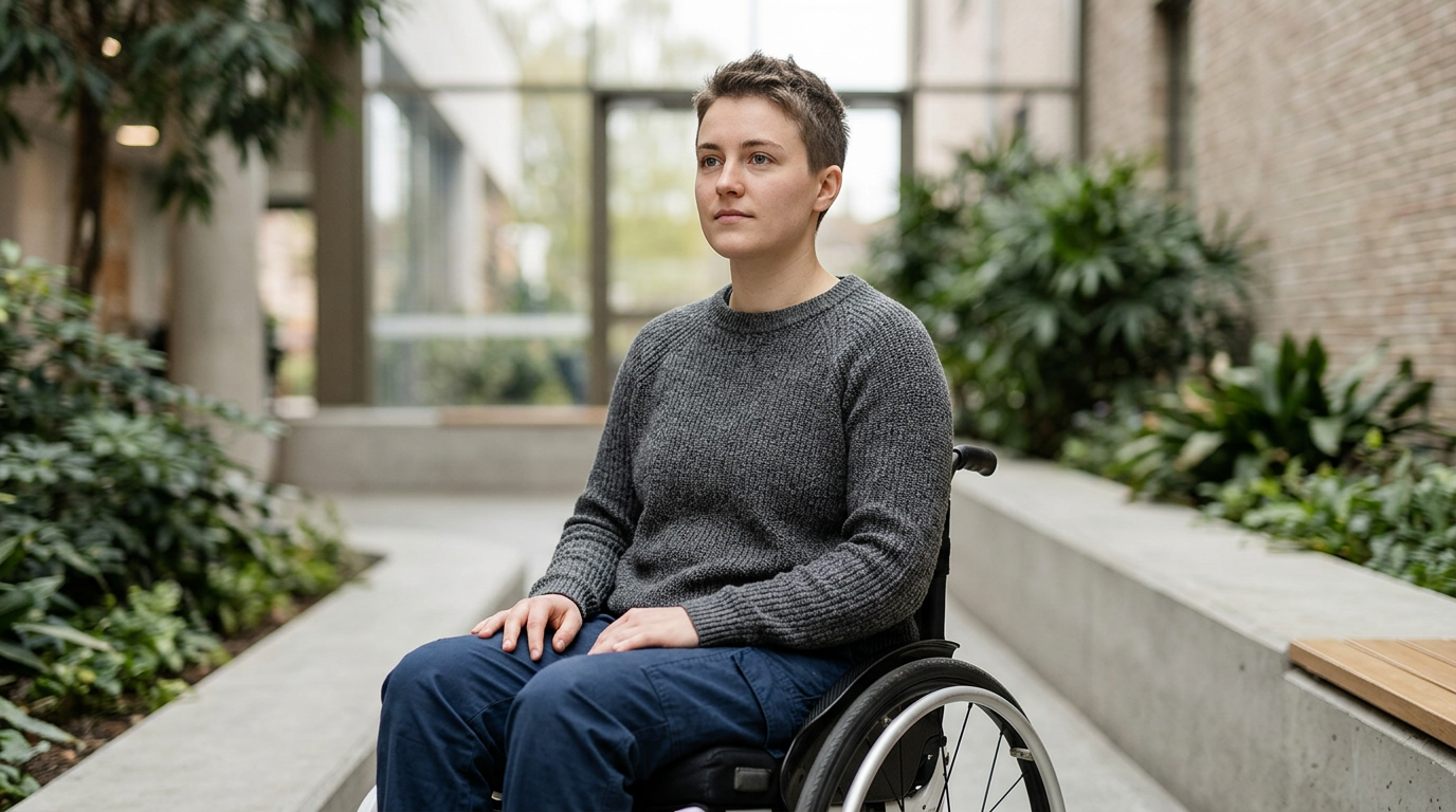 a person who uses a wheelchair looking forward with quiet resolve, catastrophic spinal injury