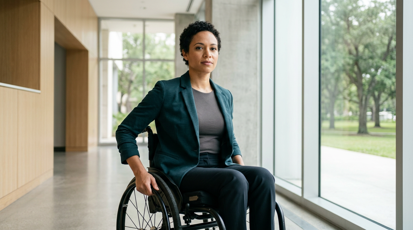 a person who uses a wheelchair looking forward with quiet resolve, catastrophic spinal injury