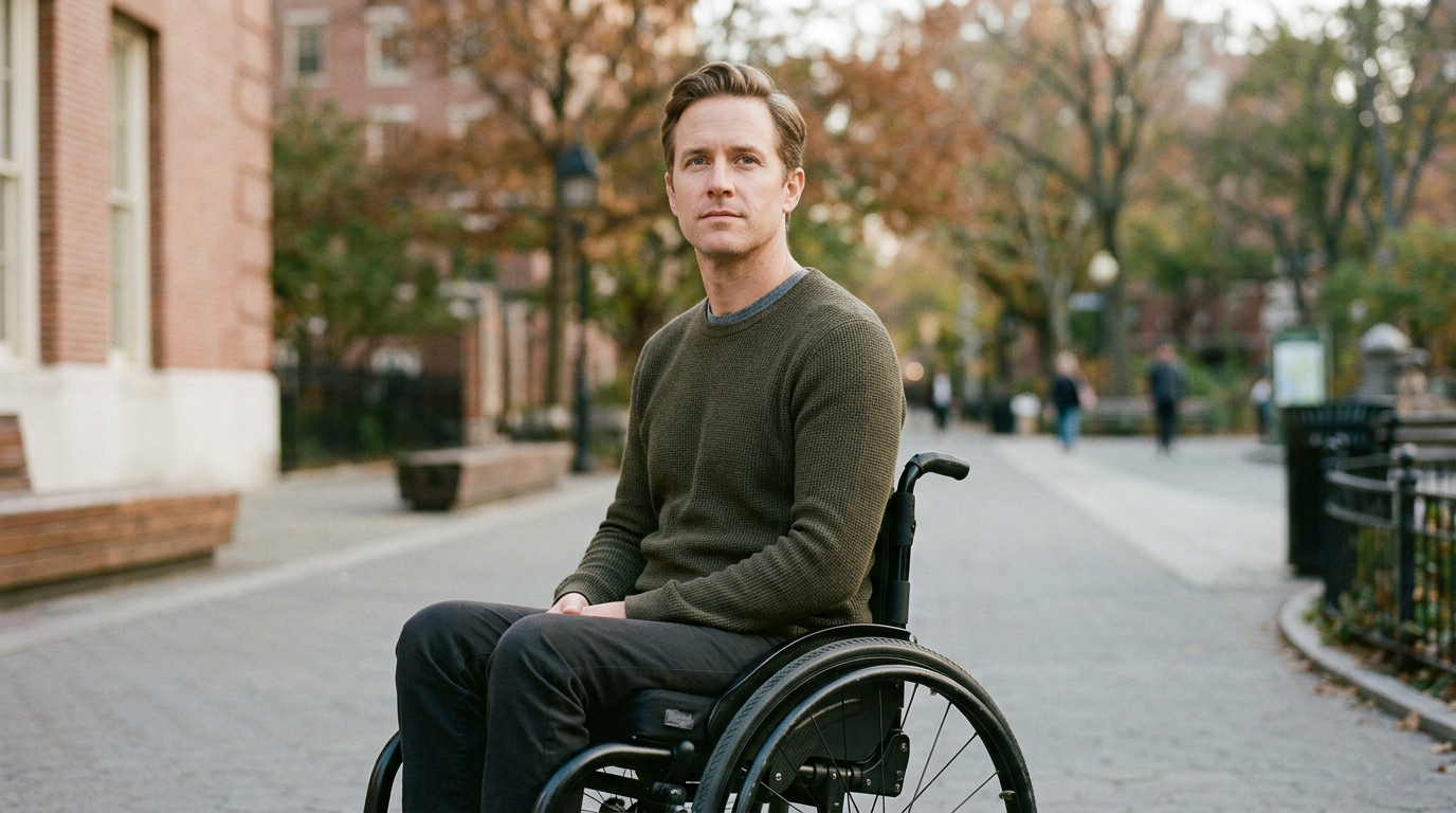 a person who uses a wheelchair looking forward with quiet resolve, catastrophic spinal injury