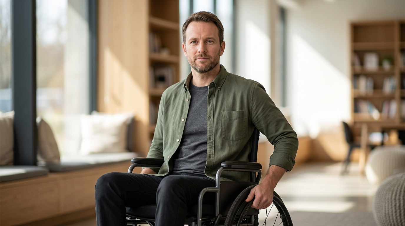 Person using a wheelchair looking forward with quiet resolve after a spinal injury.