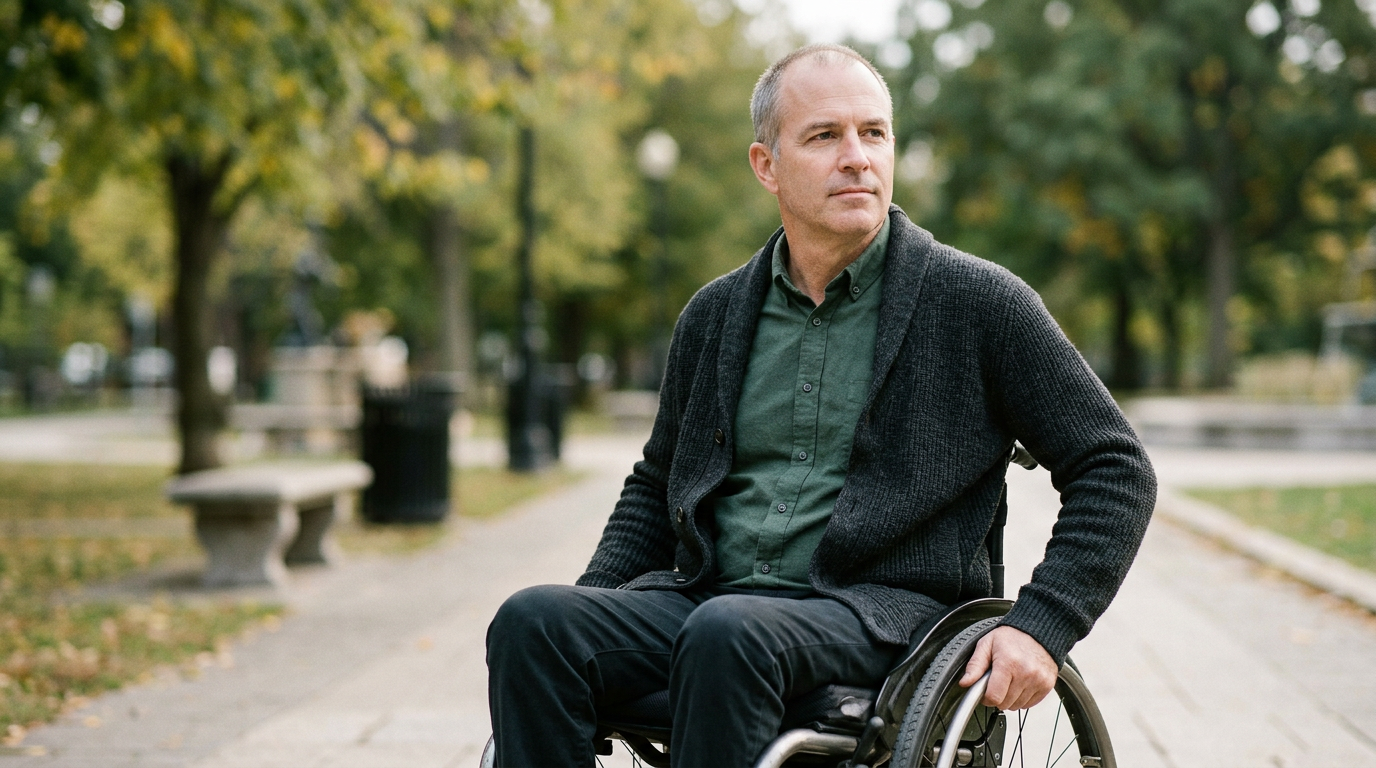 a person who uses a wheelchair looking forward with quiet resolve, catastrophic spinal injury
