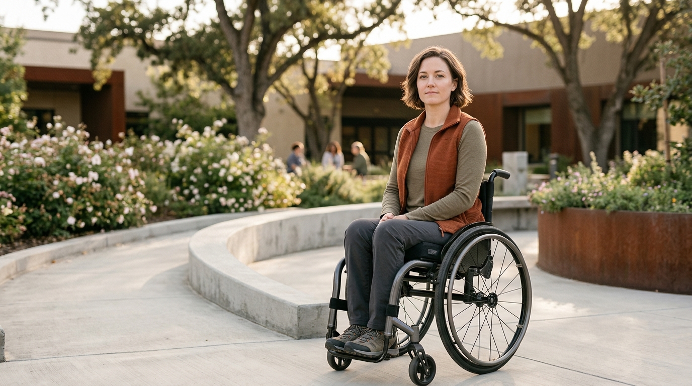 Person using a wheelchair looking forward with quiet resolve after a catastrophic spinal injury.