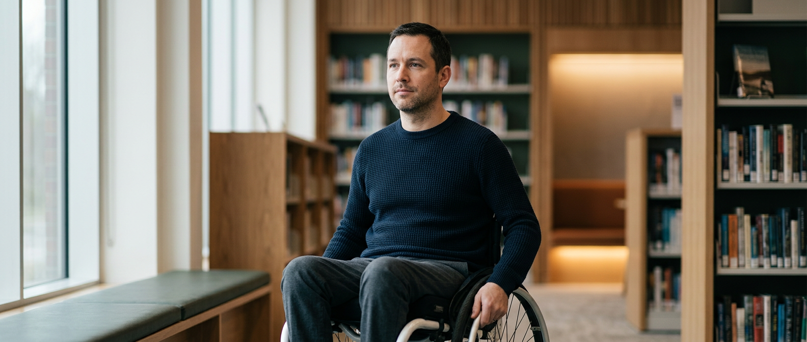 a person who uses a wheelchair looking forward with quiet resolve, catastrophic spinal injury