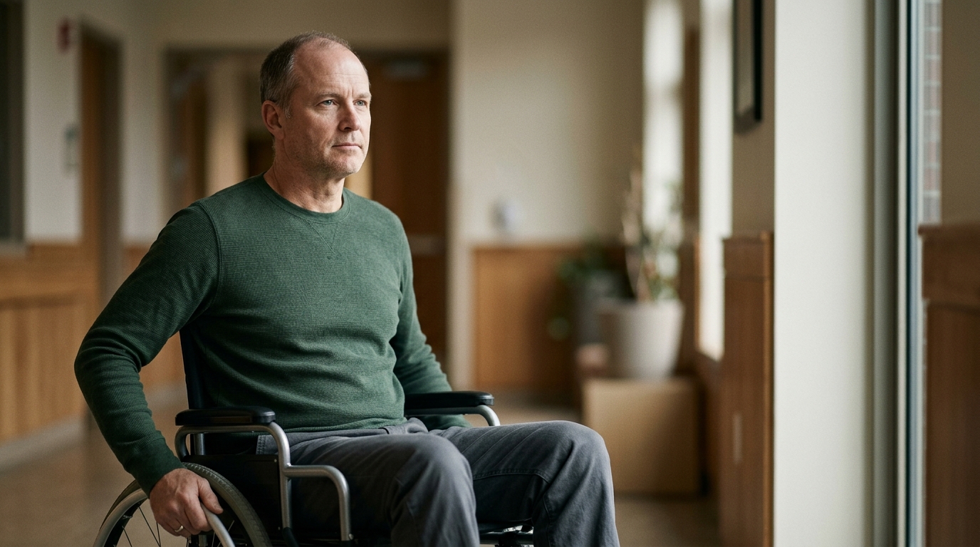Person using a wheelchair looking forward with quiet resolve.
