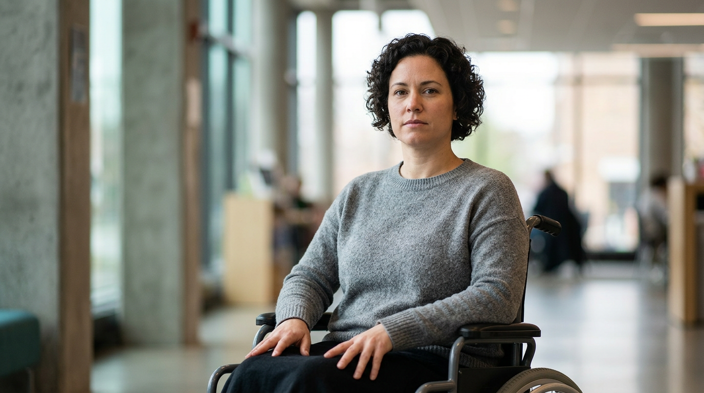Person using a wheelchair looking forward with quiet resolve after a catastrophic spinal injury.