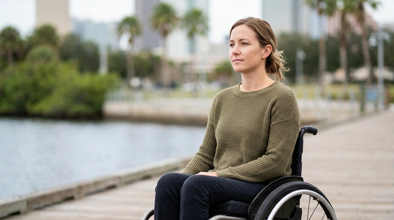 Person using a wheelchair looking forward with quiet resolve after a catastrophic injury.