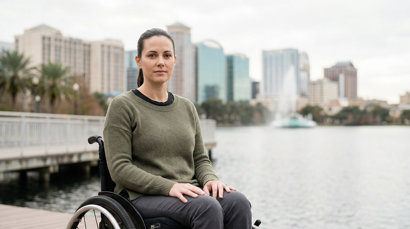 Person using a wheelchair looking forward with quiet resolve after a spinal cord injury.