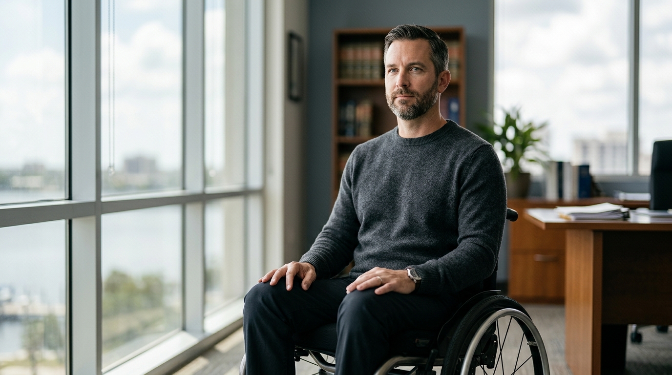 Person using a wheelchair looking forward with quiet resolve after a catastrophic spinal injury.