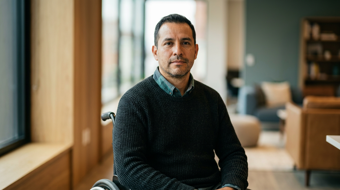 Person using a wheelchair looking forward with quiet resolve after a catastrophic spinal injury.
