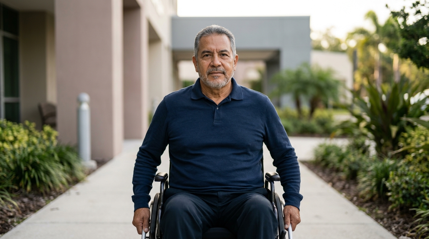 Person using a wheelchair looking forward with quiet resolve after a catastrophic spinal injury.
