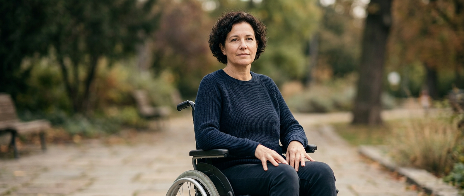 Person using a wheelchair looking forward with quiet resolve after a catastrophic spinal injury.