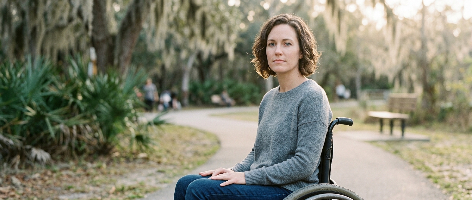 Person using a wheelchair looking forward with quiet resolve after a catastrophic spinal injury.